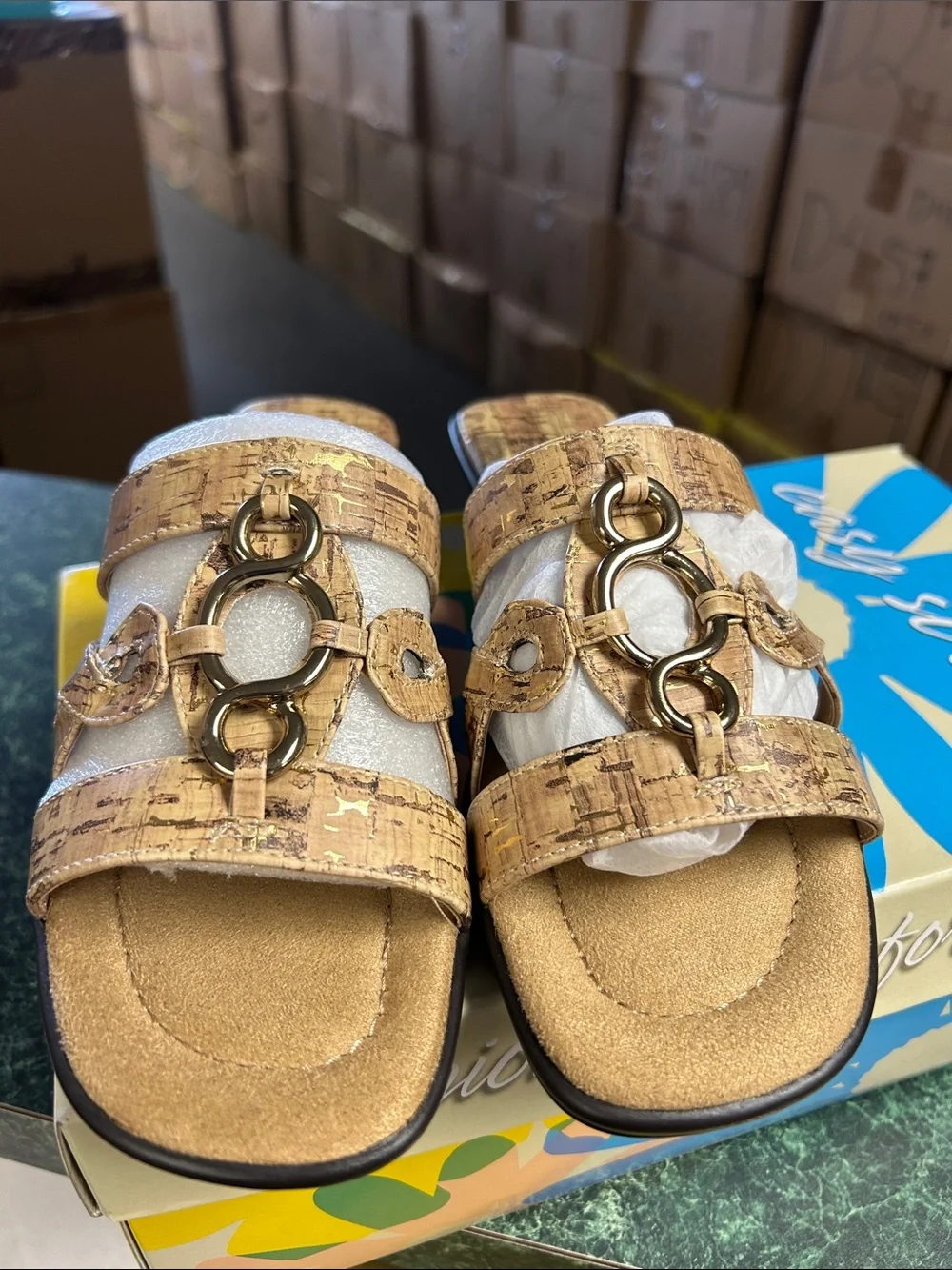 easy street Tan Cork Slide Sandals with Gold Chain Accent (Narrow)